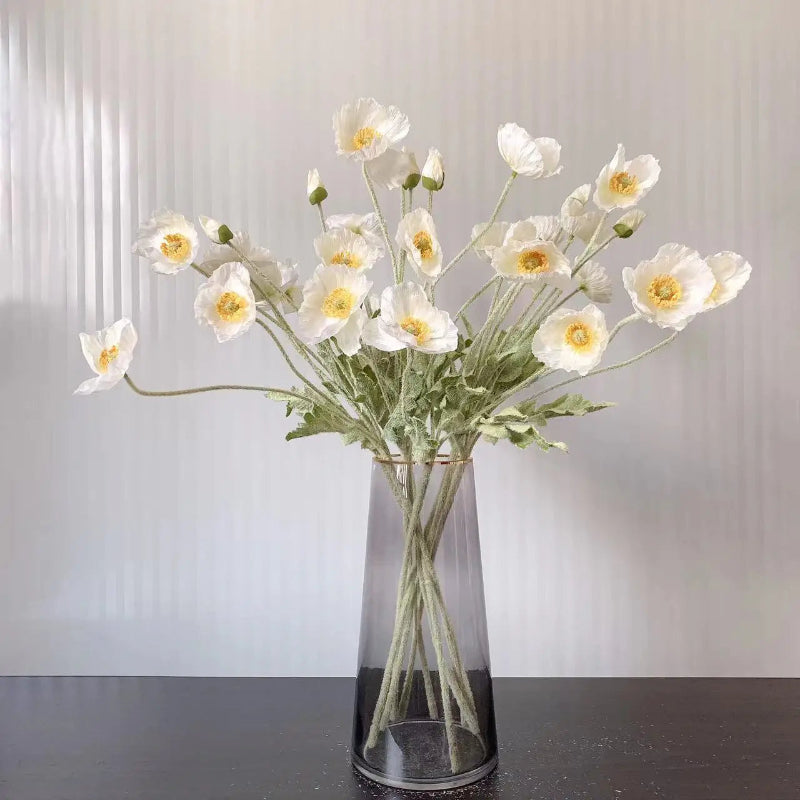A tall clear vase with a gold ring holds a bouquet of white poppies.