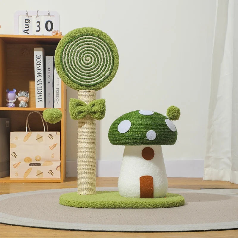 Green cat tree with mushroom design on a wooden floor.