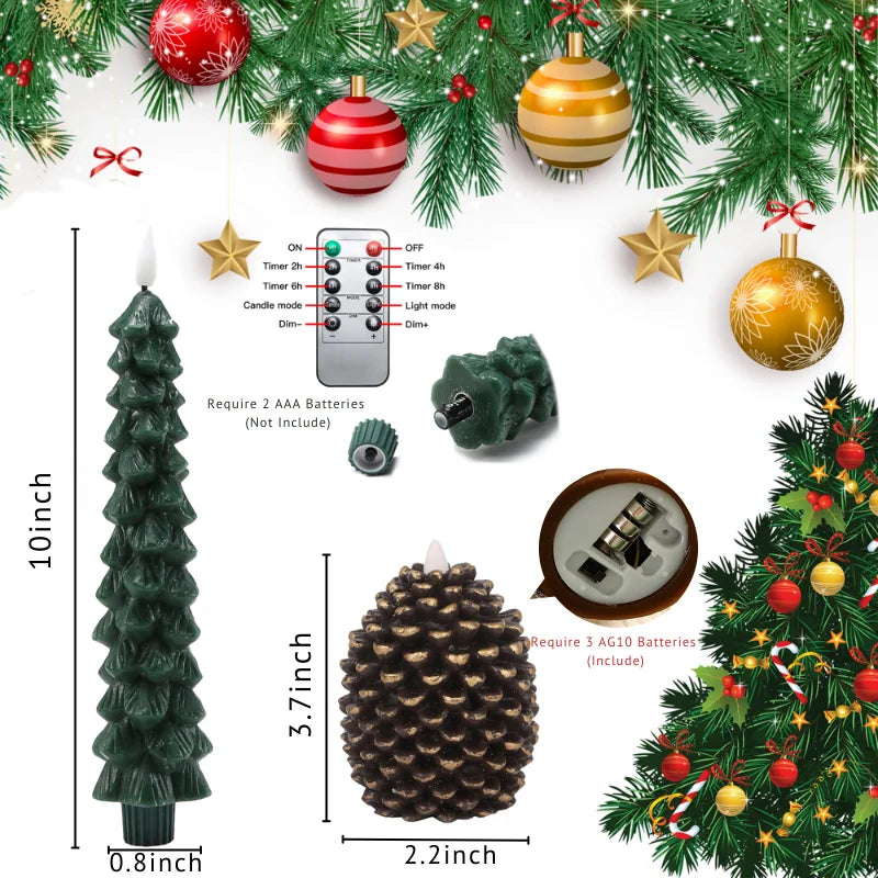 A product image shows two candles, one shaped like a Christmas tree and the other like a pinecone, along with a remote and battery compartments.