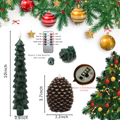 A product image shows two candles, one shaped like a Christmas tree and the other like a pinecone, along with a remote and battery compartments.