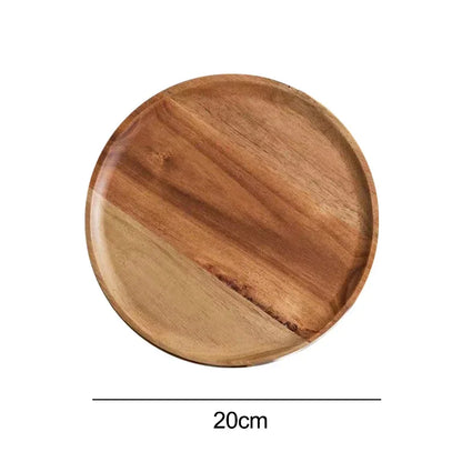 A round wooden plate with a diagonal two-toned grain pattern, and its diameter of 20 cm indicated below it.