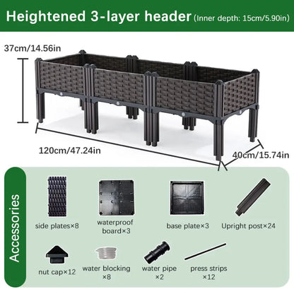 
An infographic showing a disassembled three-layer raised garden bed, with its dimensions and a list of all its component parts.
