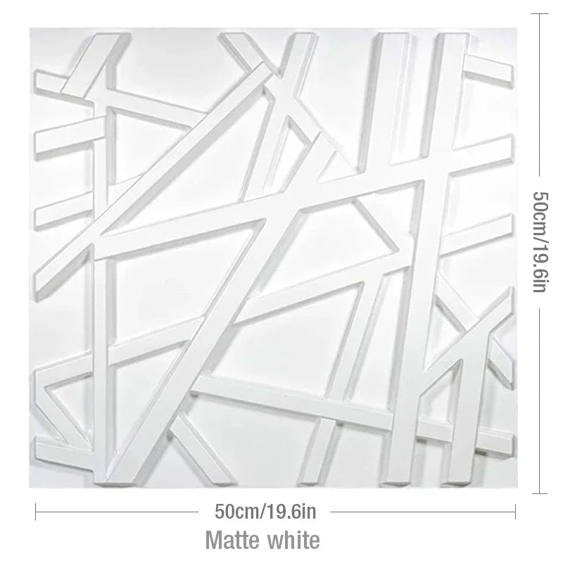 A matte white square wall panel with a raised, abstract linear design, measuring 50cm/19.6in on each side.