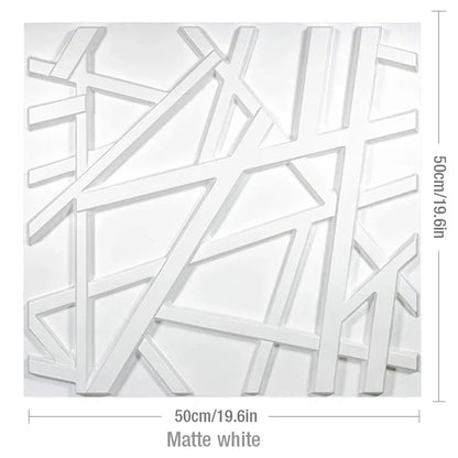 A matte white square wall panel with a raised, abstract linear design, measuring 50cm/19.6in on each side.