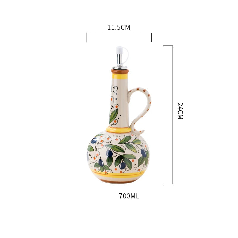 Decorative ceramic oil bottle with measurements on a white background