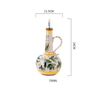 Decorative ceramic oil bottle with measurements on a white background
