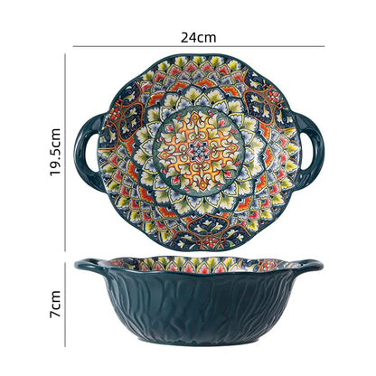 A detailed view and dimensions of an ornate handled serving bowl.