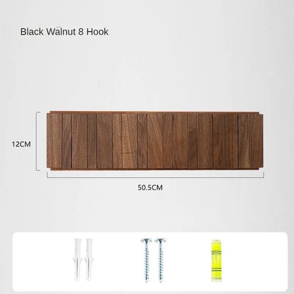 Wooden wall hook with dimensions and accessories on a white background