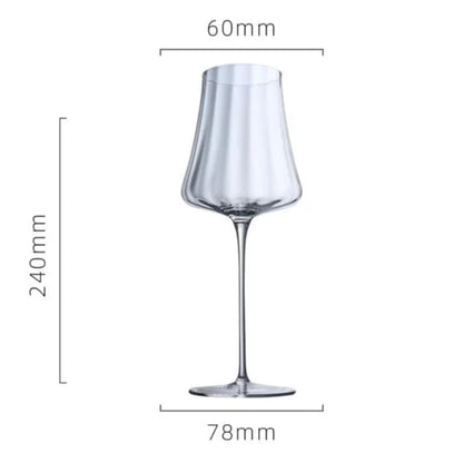 A clear wine glass with dimensions.