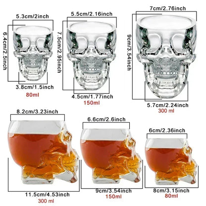 A diagram showing the dimensions and sizes of three different glass skull cups, from smallest to largest, both empty and filled with liquid.