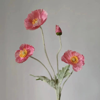 Three pink poppy flowers with green stems and one poppy bud are arranged in a sparse bouquet against a plain light grey background.