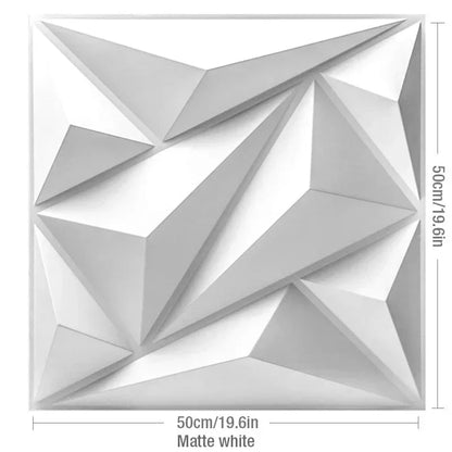A matte white square wall panel with a geometric, faceted design, measuring 50cm/19.6in on each side.