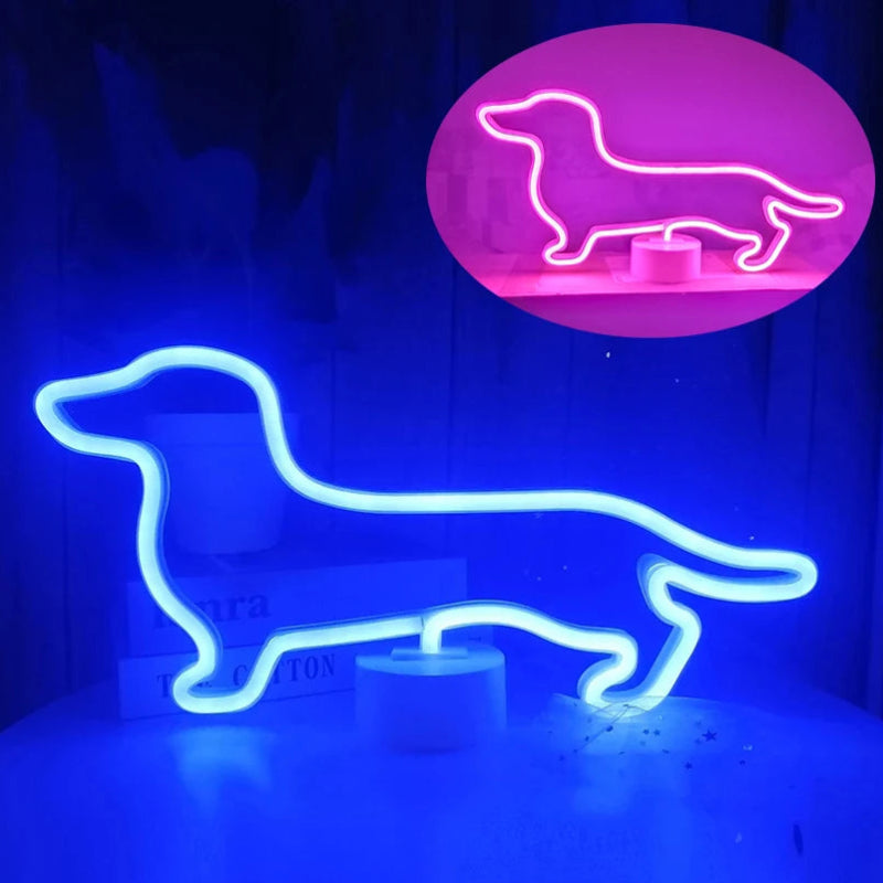 A bright neon sign shaped like a dachshund dog, glowing blue, with a small inset showing the sign in pink.