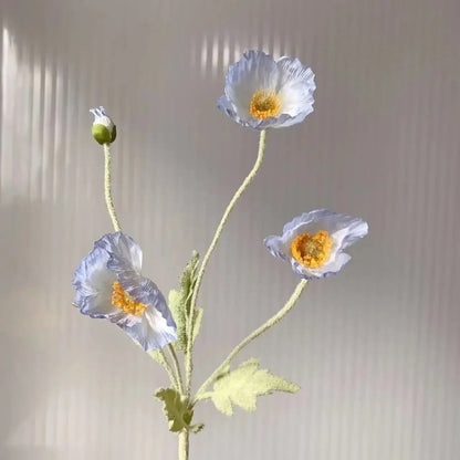 Three light blue poppy flowers with green stems and one poppy bud are arranged in a sparse bouquet against a plain light grey background with subtle vertical lines.