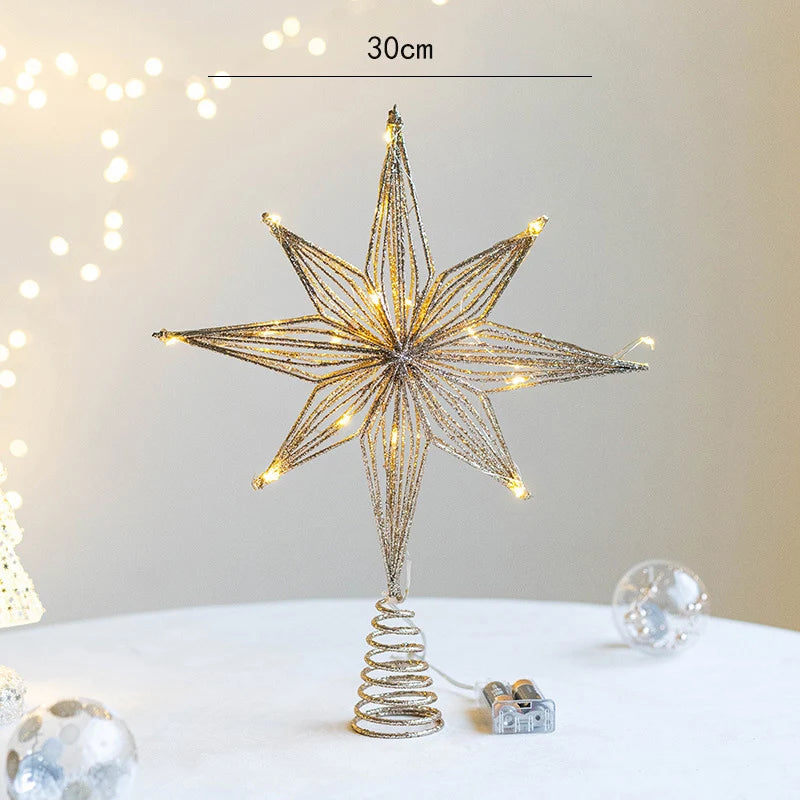 Illuminated gold glitter wire star tree topper with 30cm measurement.