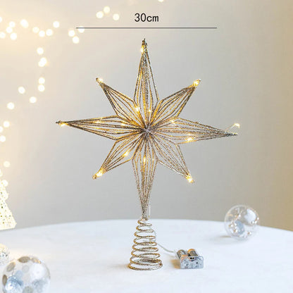 Illuminated gold glitter wire star tree topper with 30cm measurement.