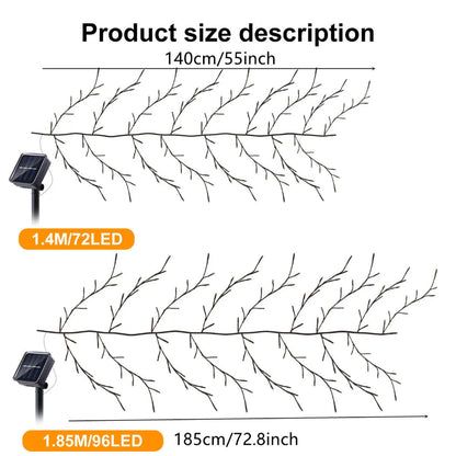 A diagram showing the dimensions of two different strings of branch-shaped solar LED lights, including their length, number of lights, and a depiction of the solar panel.