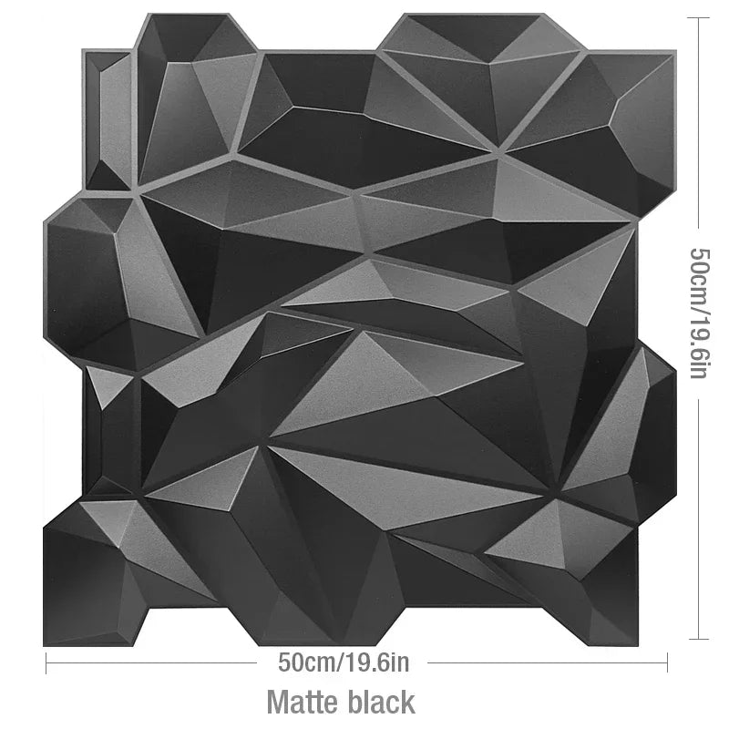 A matte black square wall panel with an irregular geometric, faceted design, measuring 50cm/19.6in on each side.