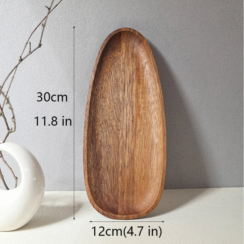 Long, narrow wooden serving tray with dimensions: 30 cm (11.8 in) long and 12 cm (4.7 in) wide.