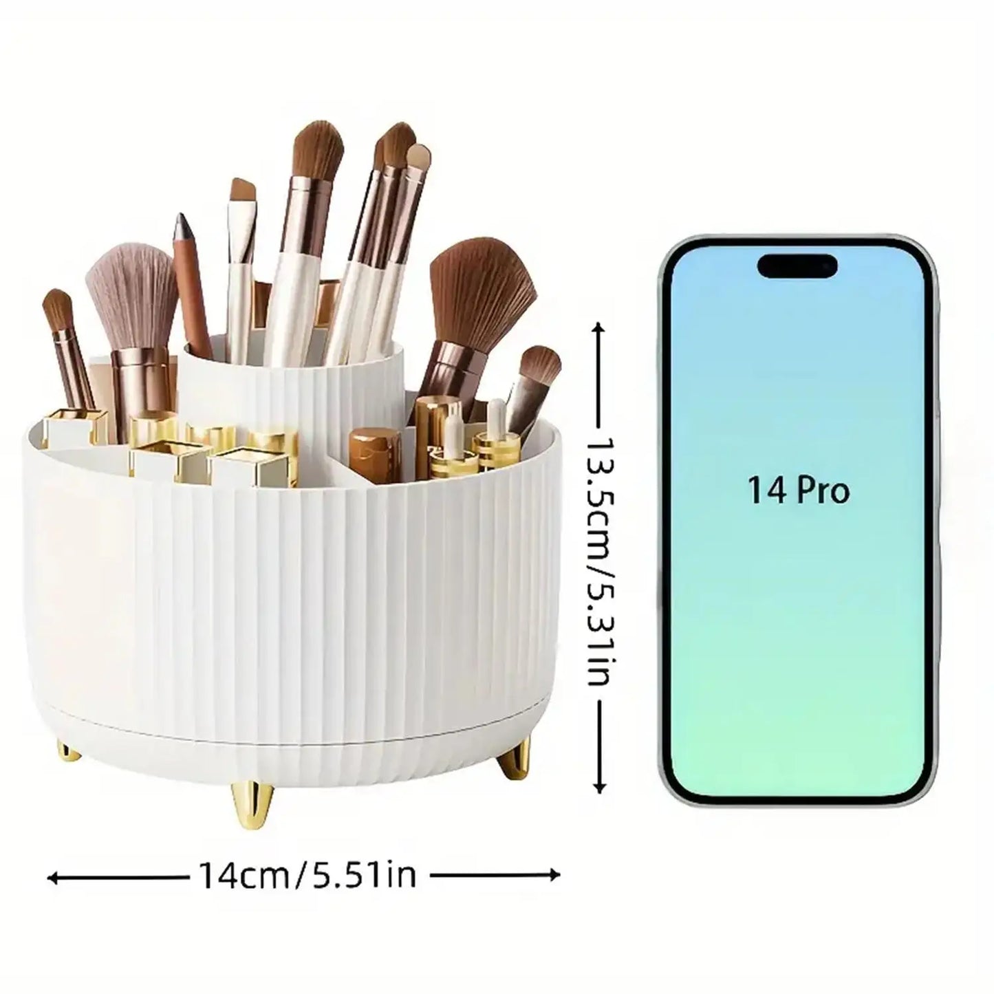 A white, round makeup organizer filled with brushes and cosmetics, with dimensions indicated next to it, and a "14 Pro" smartphone shown for scale.