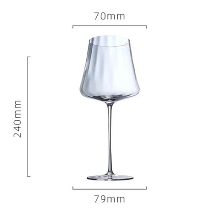 A clear wine glass with dimensions.