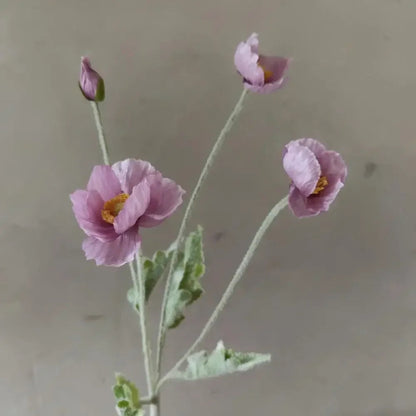 Three purple poppy flowers with green stems and one poppy bud are arranged in a sparse bouquet against a plain beige background.