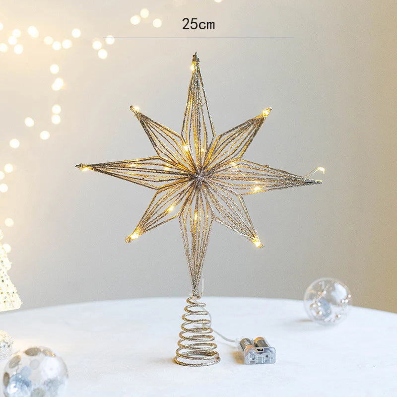 Illuminated gold glitter wire star tree topper with 25cm measurement.