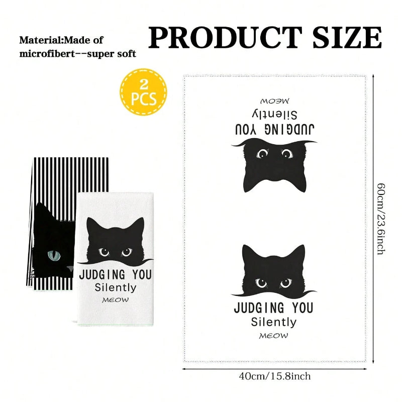 Product size label with black cat design and text on a white background