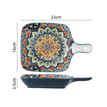 A detailed view and dimensions of an ornate handled serving plate.