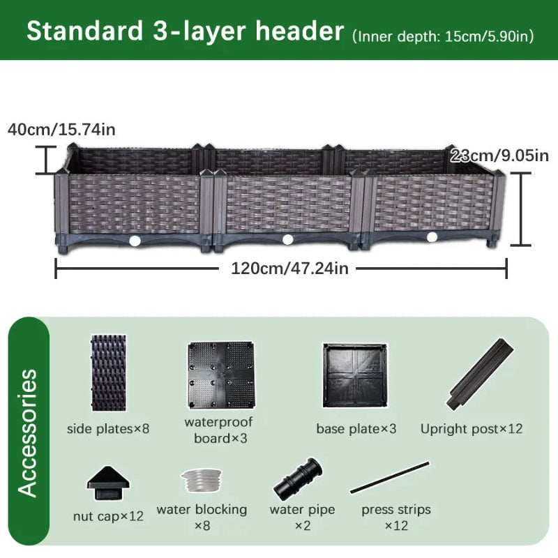 
An infographic showing a disassembled standard three-layer raised garden bed, with its dimensions and a list of all its component parts.