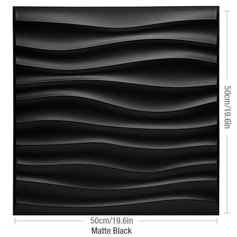 A matte black square wall panel with a textured wavy design, measuring 50cm/19.6in on each side.