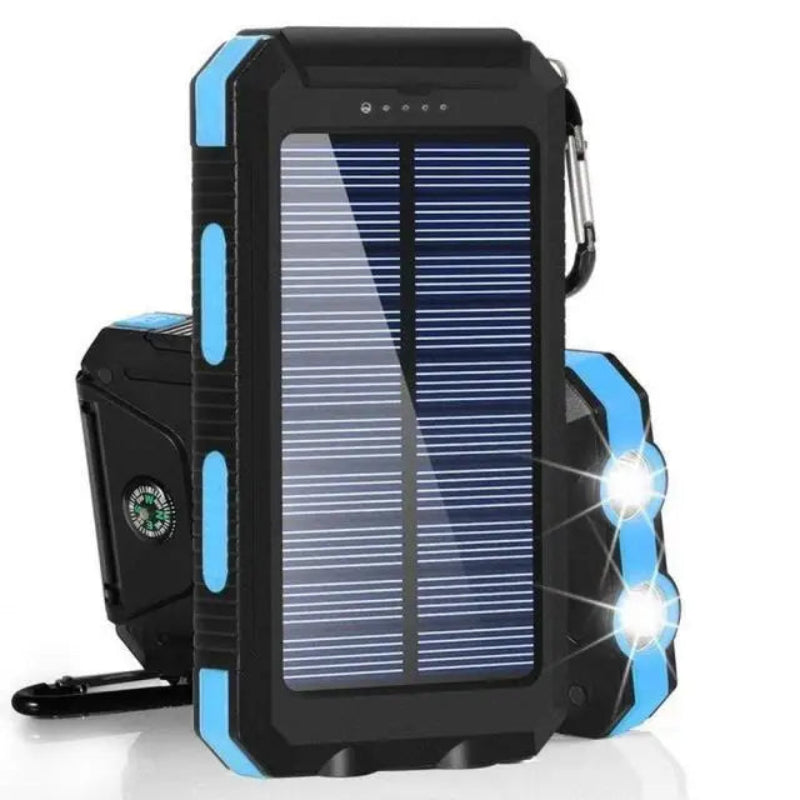 A portable solar power bank with a black and green casing, featuring solar panels on the top and additional features like LED light and flashlight indicated by icons.