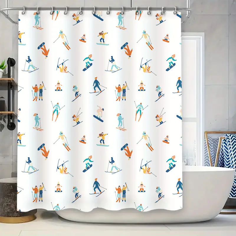 A white shower curtain with a repeating pattern of cartoon figures skiing and snowboarding in blue, orange, and teal.