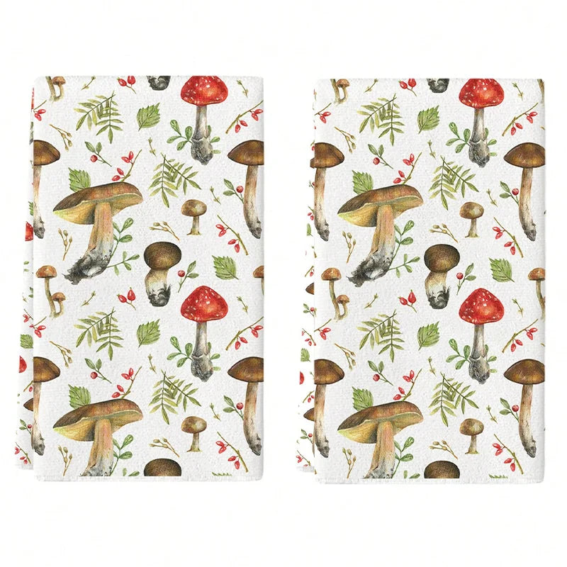 Two fabric swatches with a pattern of mushrooms and foliage on a white background.