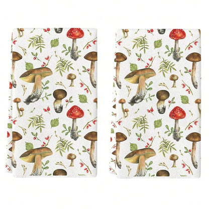 Two fabric swatches with a pattern of mushrooms and foliage on a white background.