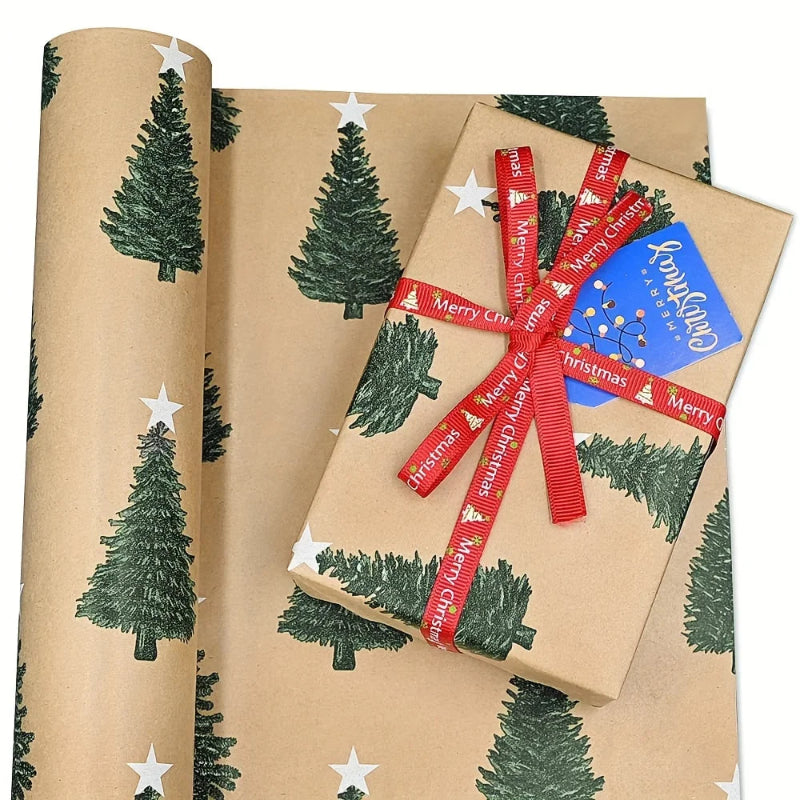 Brown Christmas tree wrapping paper with a red ribbon and gift tag.