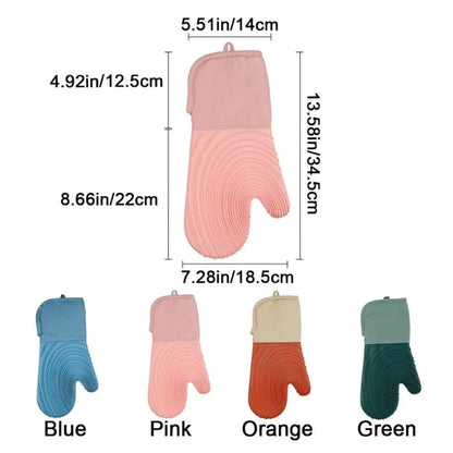 Measurement chart of colorful oven mitts with dimensions on a white background