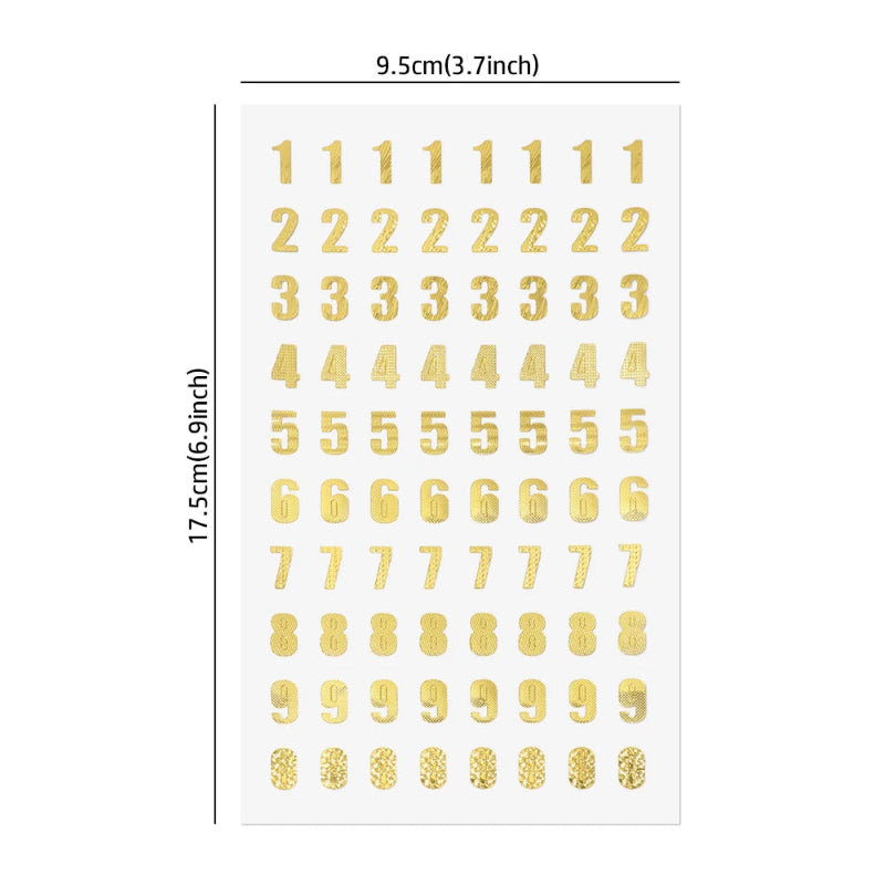 Sheet of gold number stickers with dimensions.