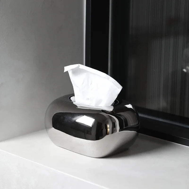 A sleek, metallic silver tissue box holder in a rounded, organic shape sits on a white surface.