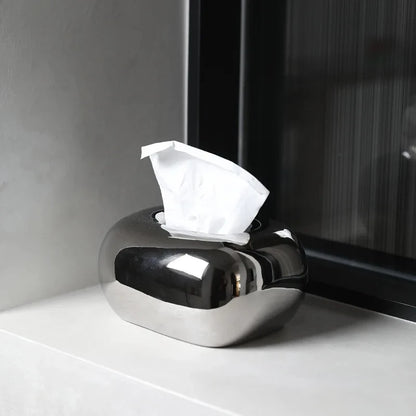 A sleek, metallic silver tissue box holder in a rounded, organic shape sits on a white surface.