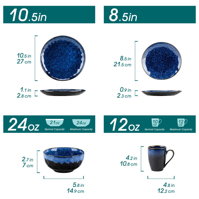 A diagram shows the dimensions and capacities of a vibrant blue dinnerware set, including plates, a bowl, and a mug.