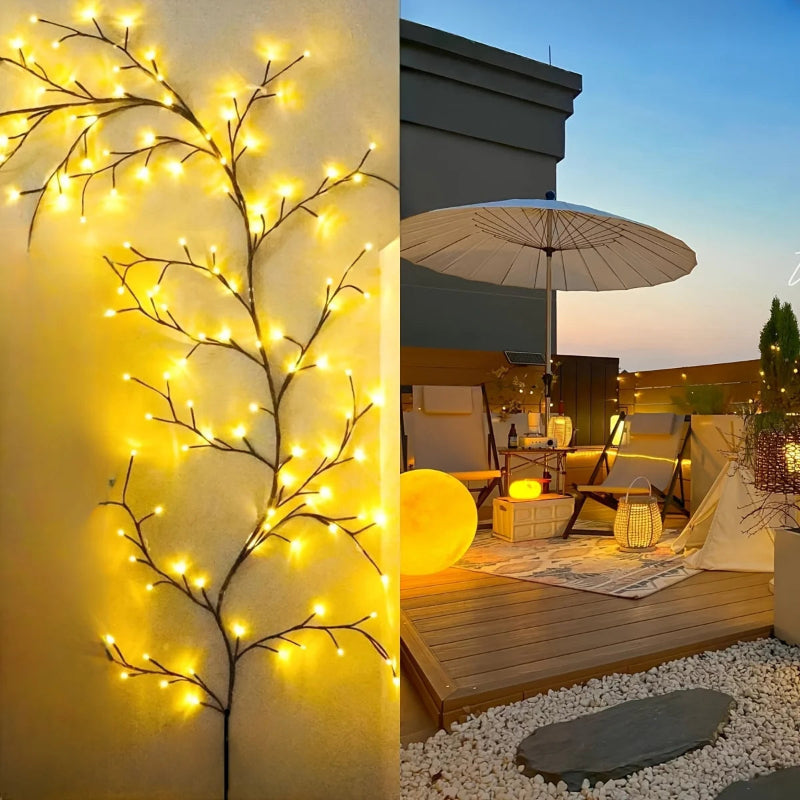 A lit, branch-shaped string of lights hangs on a wall in the left panel, and a view of the same lights decorating a rooftop patio at sunset is shown in the right panel.