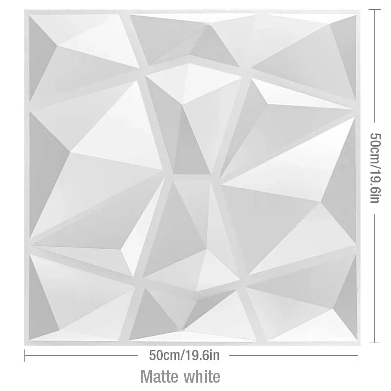 A matte white square wall panel with a complex geometric, faceted design, measuring 50cm/19.6in on each side.