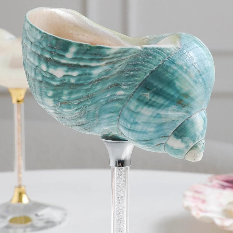 Decorative shell with a marble pattern on a stand against a neutral background