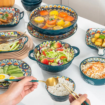 A full table set with ornate bowls and plates of food.