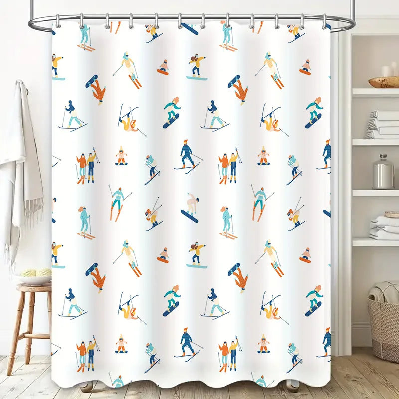 A white shower curtain featuring a repeating pattern of stylized figures skiing and snowboarding in bright blue, orange, and teal.