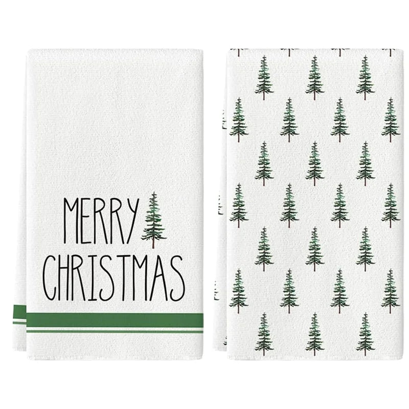 Two Christmas-themed towels, one with 'Merry Christmas' text and the other with tree pattern.