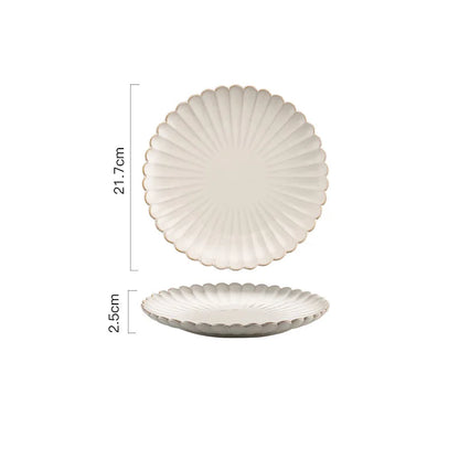 A round ceramic plate with a scalloped edge and raised ridges, measuring 21.7cm in diameter and 2.5cm in height.