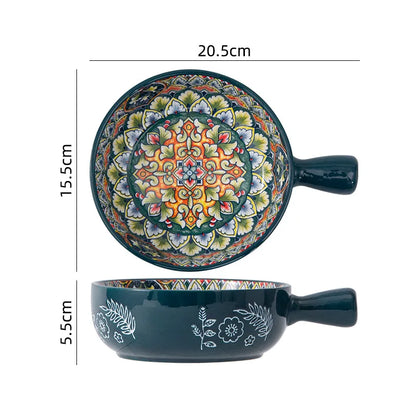 A detailed view and dimensions of an ornate handled serving bowl.