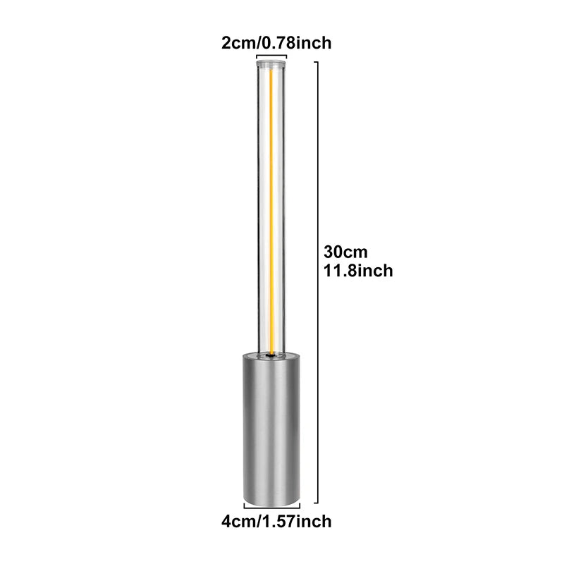 A diagram of a small, silver cylindrical lamp with a glowing tube, showing its dimensions: 30cm tall, with a 4cm diameter base and a 2cm diameter tube.